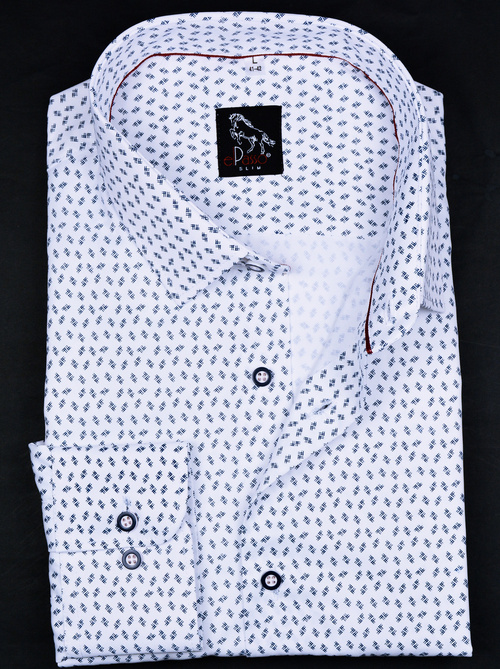 Elegancka wizytowa koszula męska, długi rękaw, biała w granatowe wzory