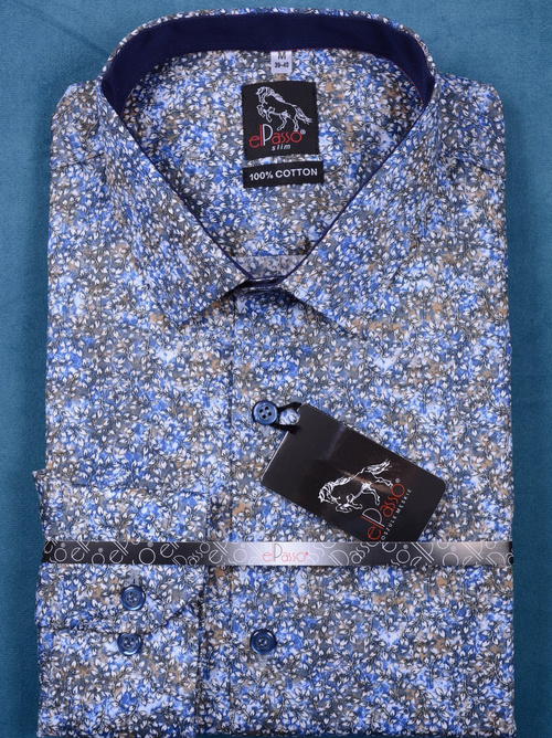 Koszula granatowa z nadrukiem grafika w kwiaty długi rękaw na góziki