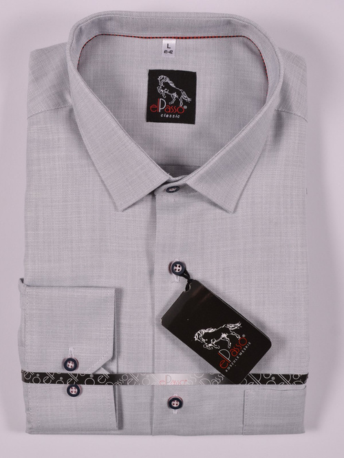 Koszula męska elegancka, gładka szara, jednolita, długi rękaw na guziki