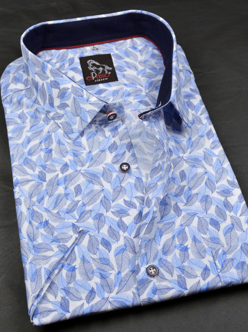  Koszula męska elegancka we wzory, grafika liście, krótki rękaw