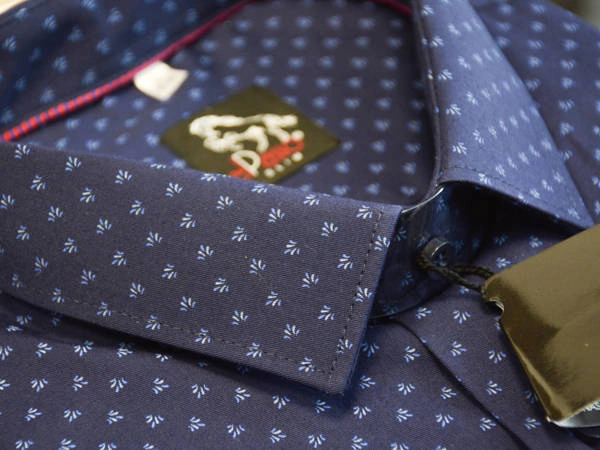 Koszula męska elegancka grafika wzór regularny granatowy długi rękaw  na guziki.