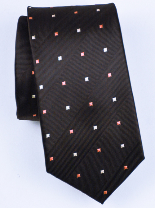  Ciemno brązowy krawat w różowo białe rąby