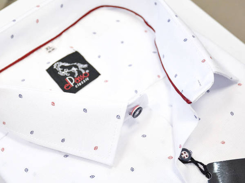 Koszula męska elegancka biała grafika w granatowe czerwone wzory długi rękaw na guziki