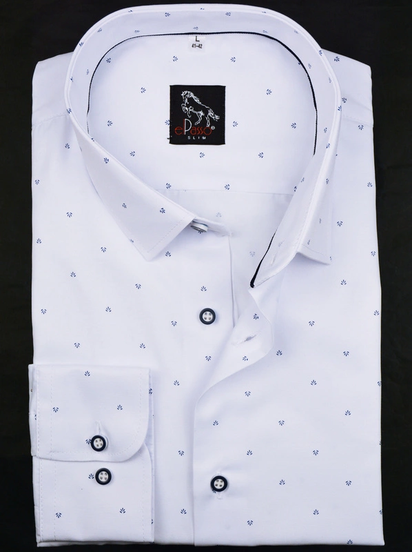 Elegancka wizytowa koszula męska, długi rękaw, biała w granatowe wzory