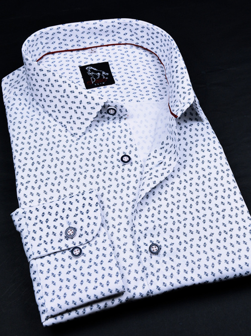Elegancka wizytowa koszula męska, długi rękaw, biała w granatowe wzory