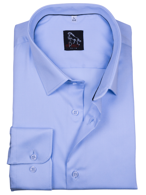Elegancka wizytowa koszula męska, długi rękaw, niebieska z elastanem