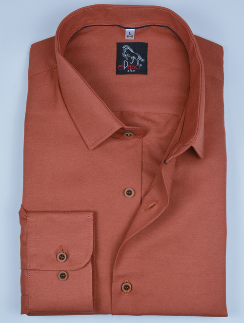 Koszula męska elegancka, gładka ruda, długi rękaw na guziki