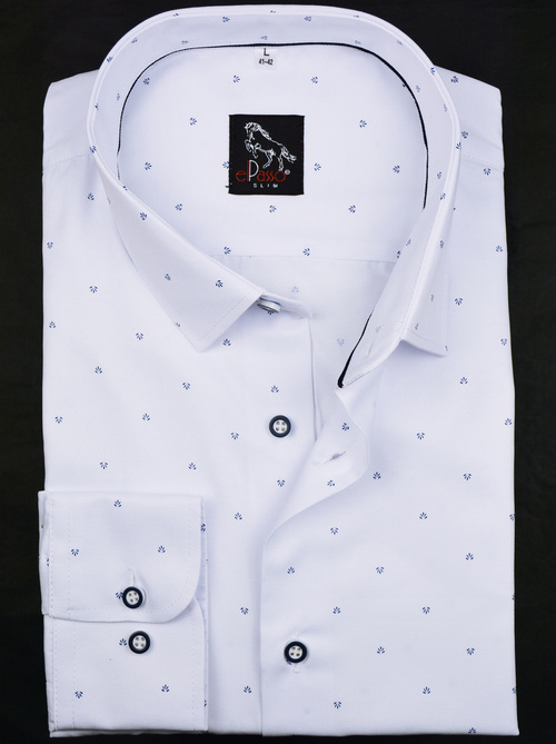 Elegancka wizytowa koszula męska, długi rękaw, biała w granatowe wzory