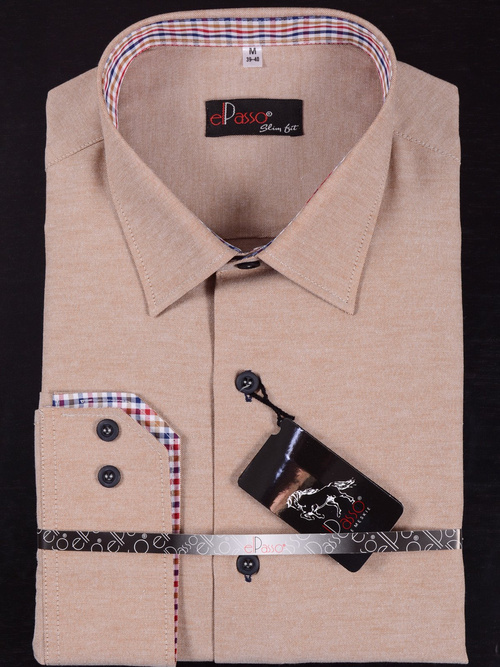  Koszula męska elegancka beżowa długi rękaw na guziki 