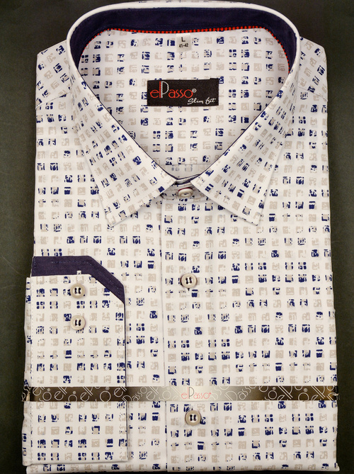 Koszula męska elegancka kremowa grafika w granatowe beżowe wzory długi rękaw na guziki