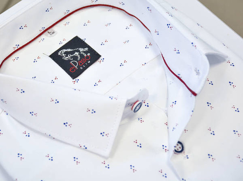  Koszula męska elegancka biała grafika w granatowe czerwone wzory długi rękaw na guziki 