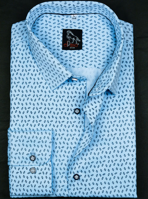 Elegancka wizytowa koszula męska, niebieska z grafiką, długi rękaw