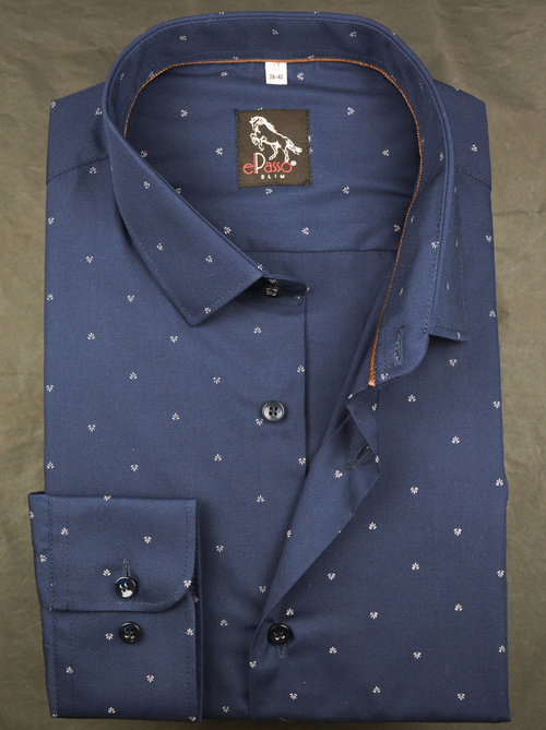 Koszula męska elegancka , granatowa, wzór w beżowy drobny nadruk, długi rękaw na guziki