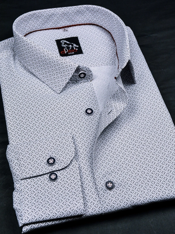 Elegancka wizytowa koszula męska, długi rękaw, biała z grafiką