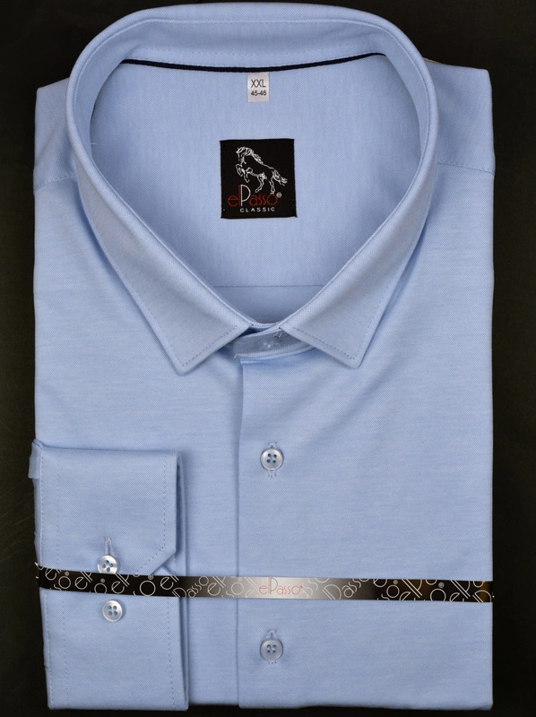  Koszula męska elegancka z dzianiny 100% bawełna, błękitna, jednolita długi rękaw  na guziki 