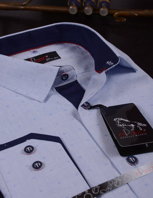 Koszula męska elegancka niebieska jednolita mikrowzór długi rękaw  na guziki