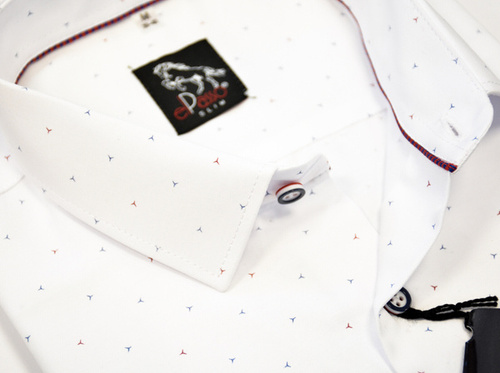  Koszula męska elegancka biała grafika w granatowe czerwone wzory długi rękaw na guziki 