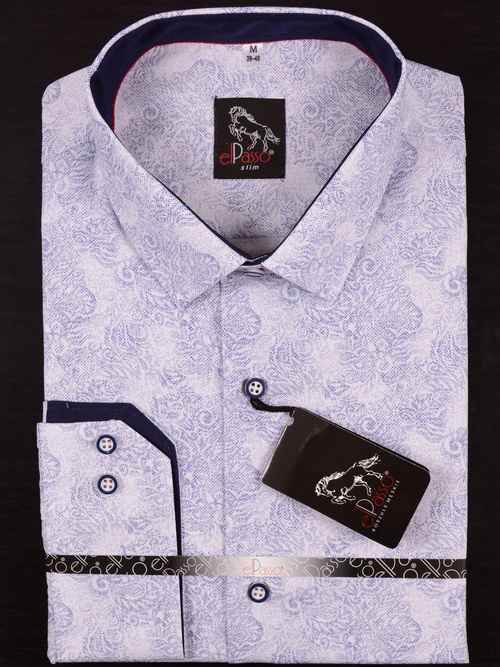 Koszula męska elegancka biała grafika w granatowe  wzory długi rękaw na guziki