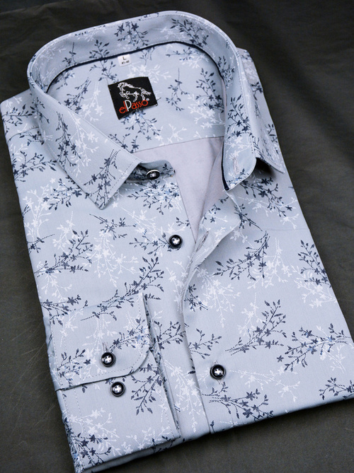 Koszula męska elegancka szara wizytowa wzór drobne gałązki długi rękaw na guziki
