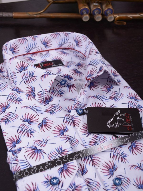 Elegancka wizytowa koszula męska, długi rękaw, grafika w palmy  