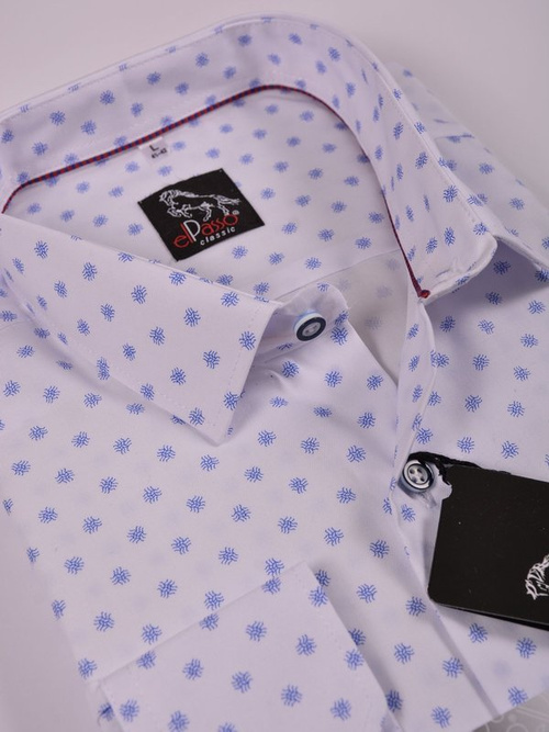  Koszula męska elegancka wizytowa biała grafika w niebieskie wzory długi rękaw na guziki 