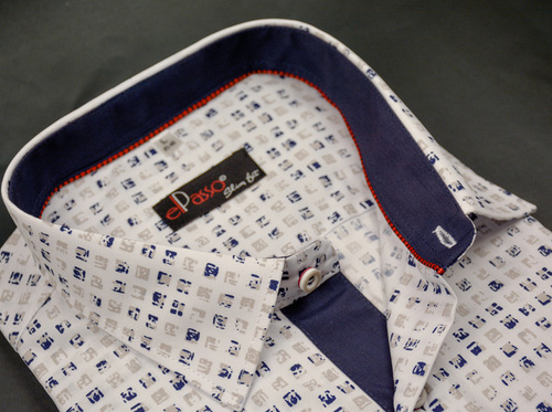 Koszula męska elegancka kremowa grafika w granatowe beżowe wzory długi rękaw na guziki