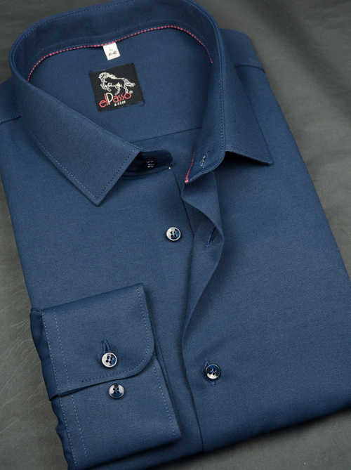 Koszula męska elegancka  granatowa, jednolity mikrowzór, długi rękaw na guziki