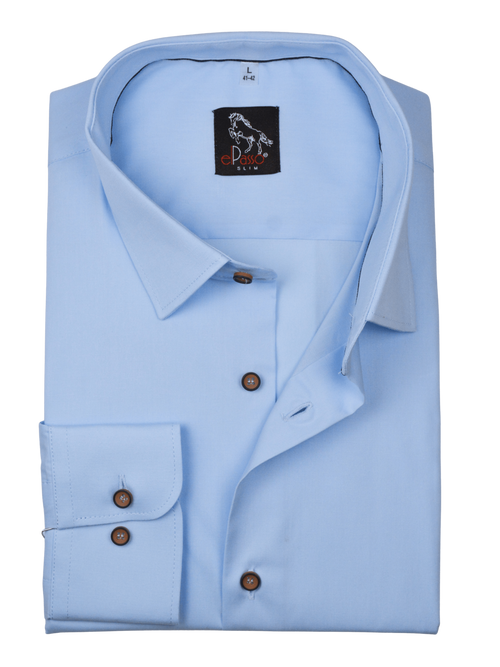  Koszula męska elegancka niebieska gładka z elastanem,  granatowy guzik