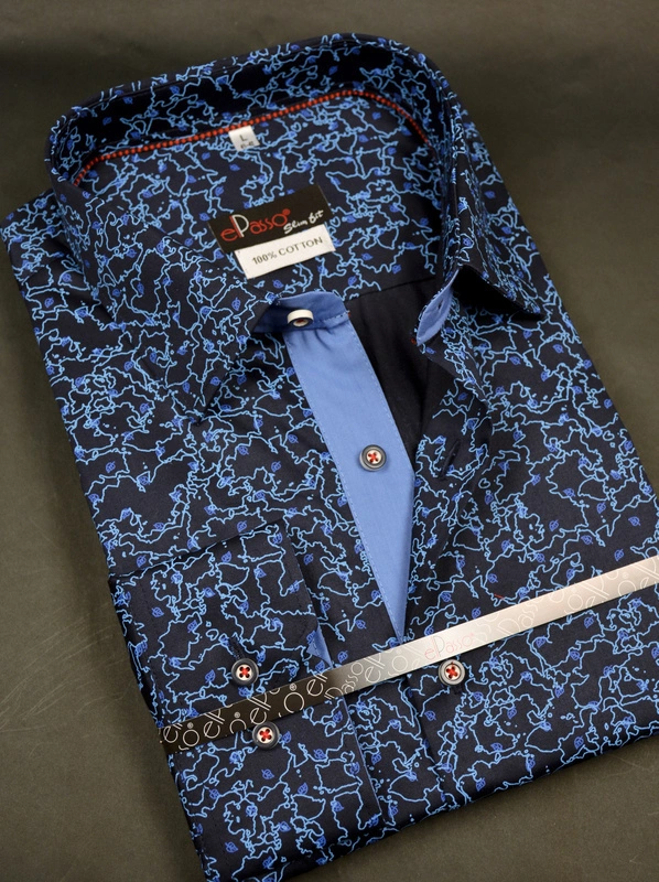 Koszula męska casual granatowa we wzory niebieskie liście długi rękaw na guziki