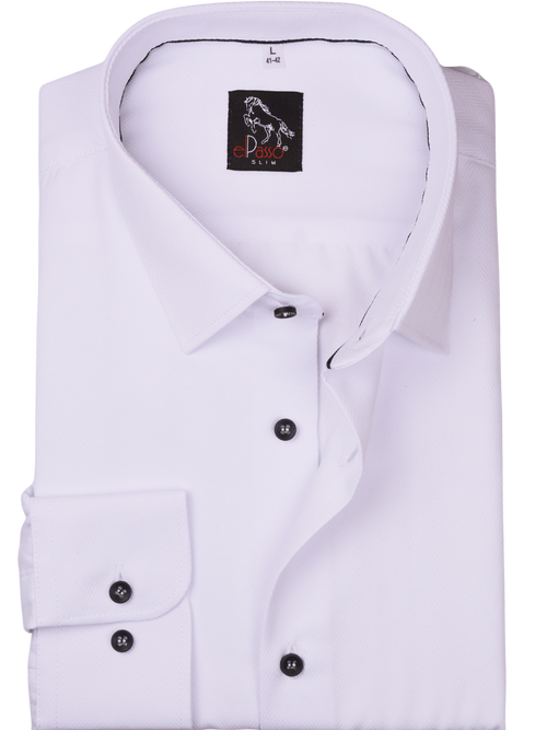  Koszula męska elegancka biała w jodełkę z czarnym guzikiem