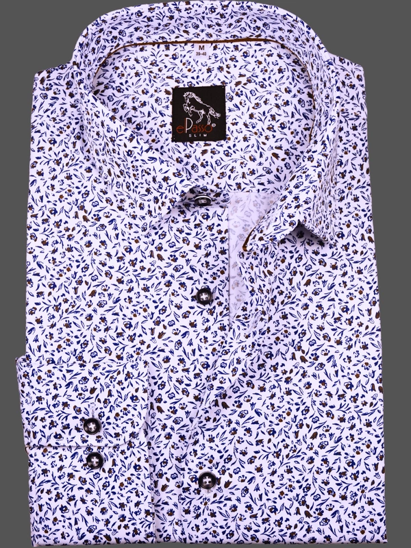 Elegancka wizytowa koszula męska, długi rękaw, biała w granatowo beżowe wzory