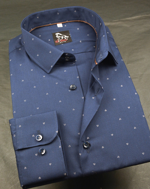 Koszula męska elegancka , granatowa, wzór w beżowy drobny nadruk, długi rękaw na guziki