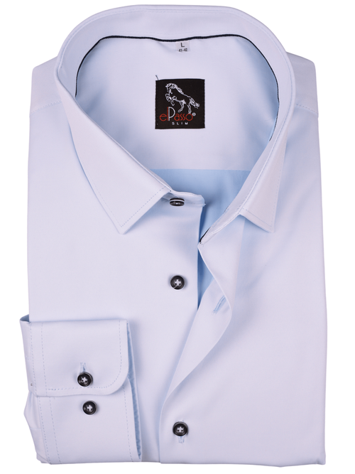  Koszula męska elegancka niebieska błękitna gładka z elastanem długi rękaw na guziki