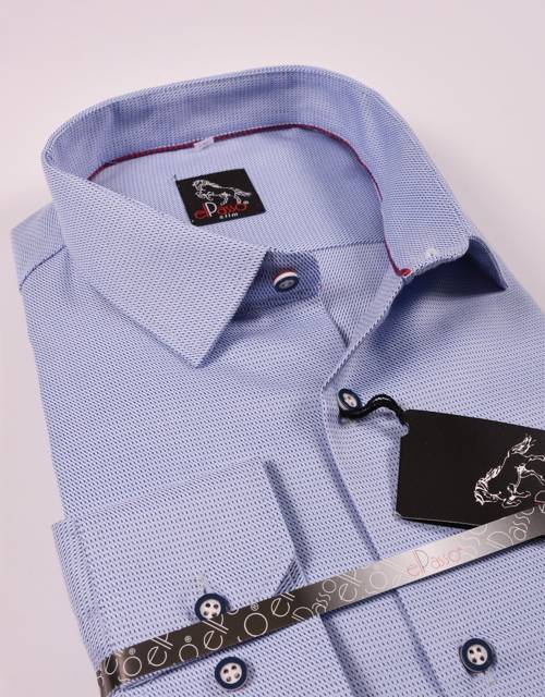  Koszula męska elegancka mikrowzór niebieska błękitna jednolita długi rękaw na guziki